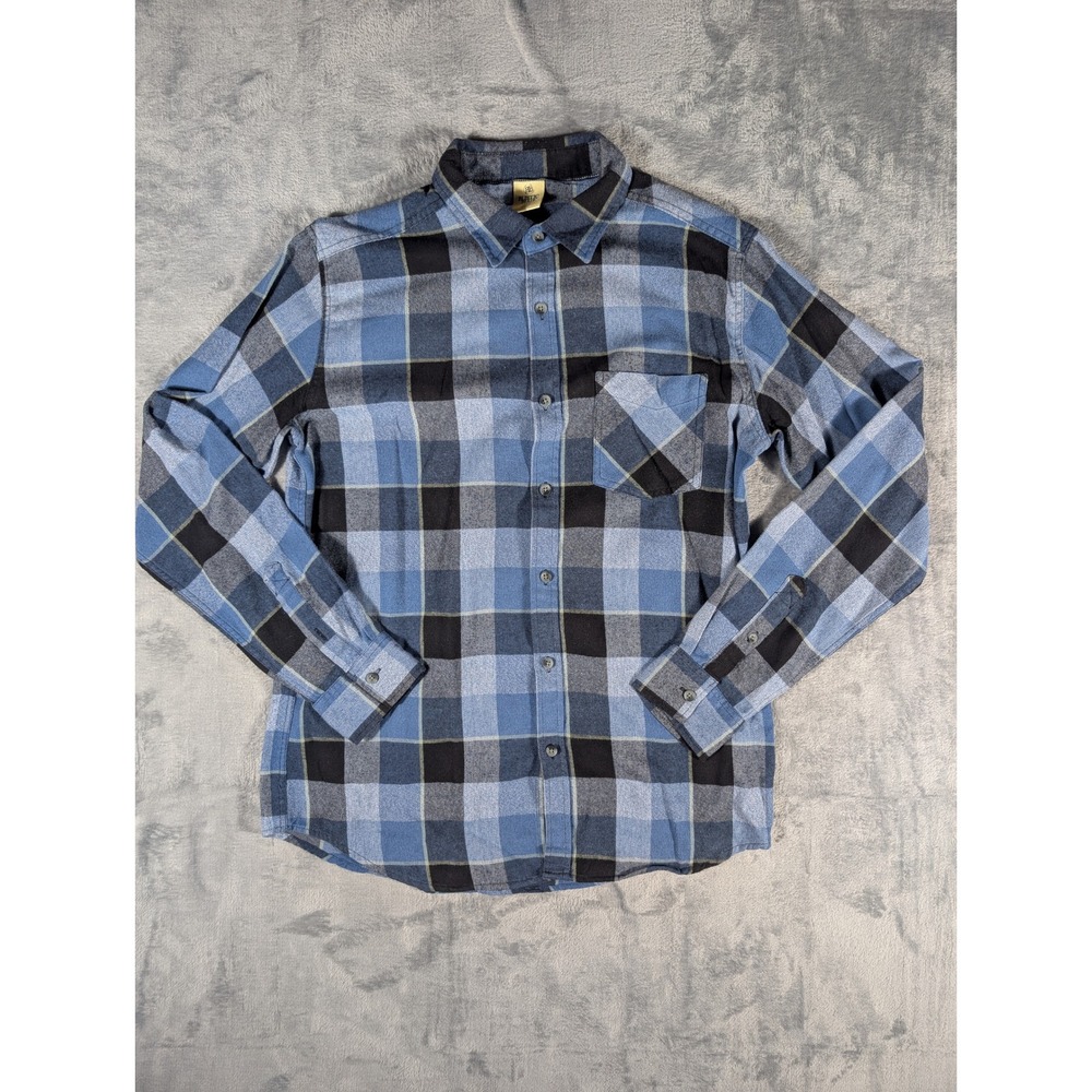 Rustic Blue Mens Medium Plaid Flannel Button Down Shirt Blue Black Long Sleeve